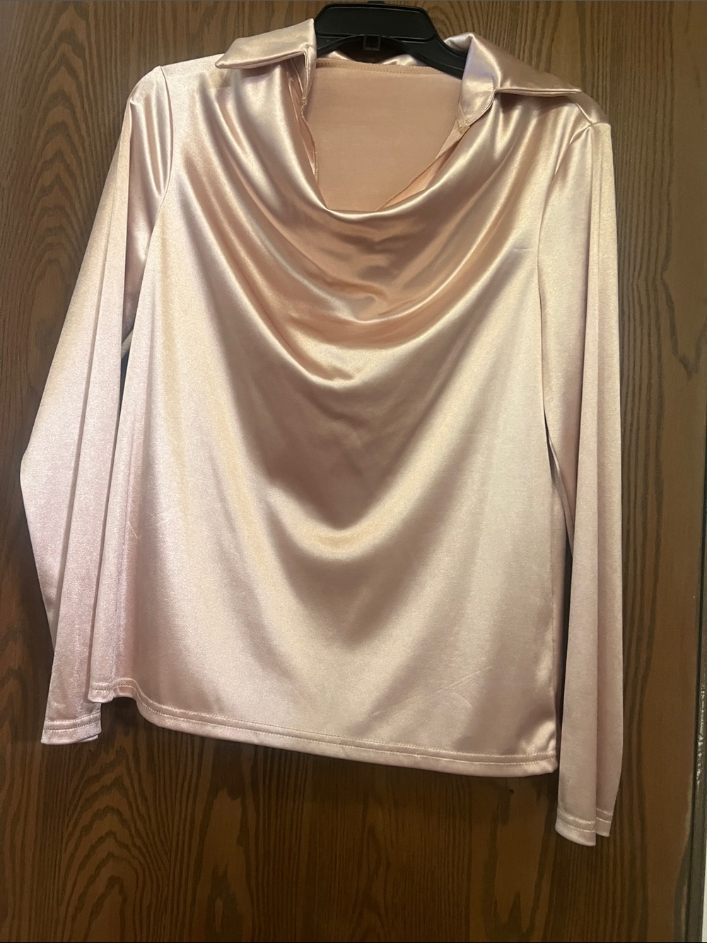 Women's Blush Pink Satin Cowl Neck Long Sleeve Top